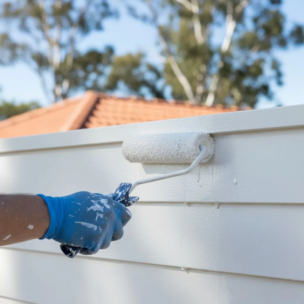 Roller applying a pale coating to horizontal weatherboards beneath a top trim board