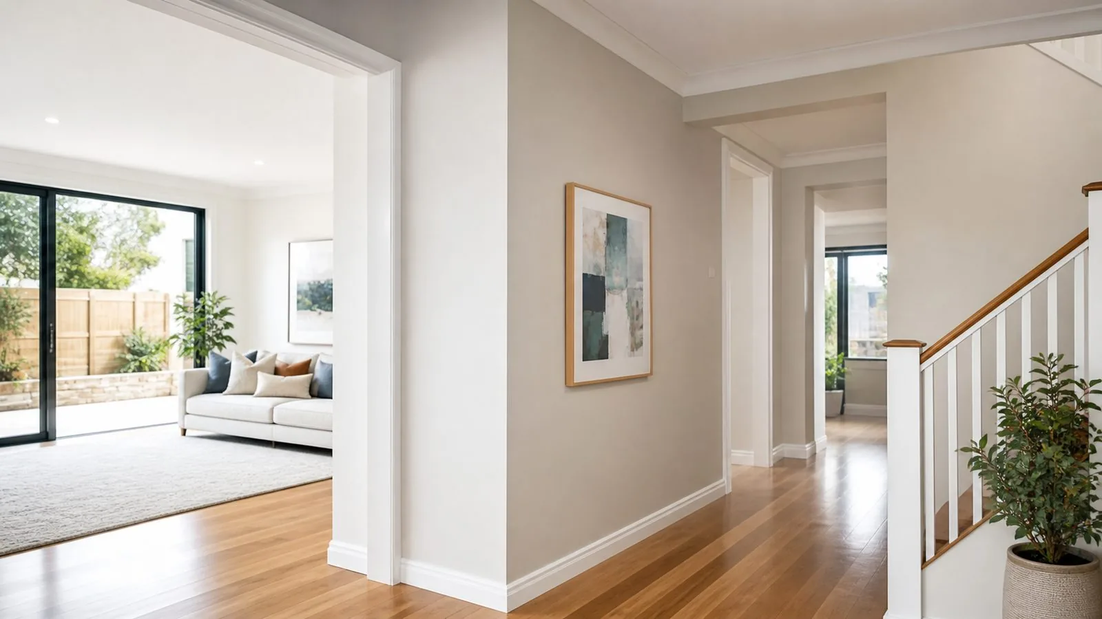 White skirting and door architraves contrasting with neutral walls beside a timber staircase